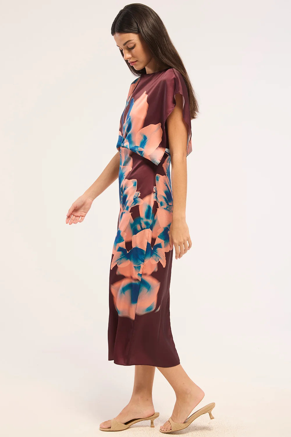 Robe midi drapée à imprimé d’orchidées Lenny