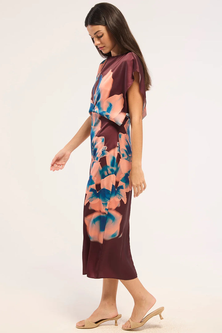 Robe midi drapée à imprimé d’orchidées Lenny
