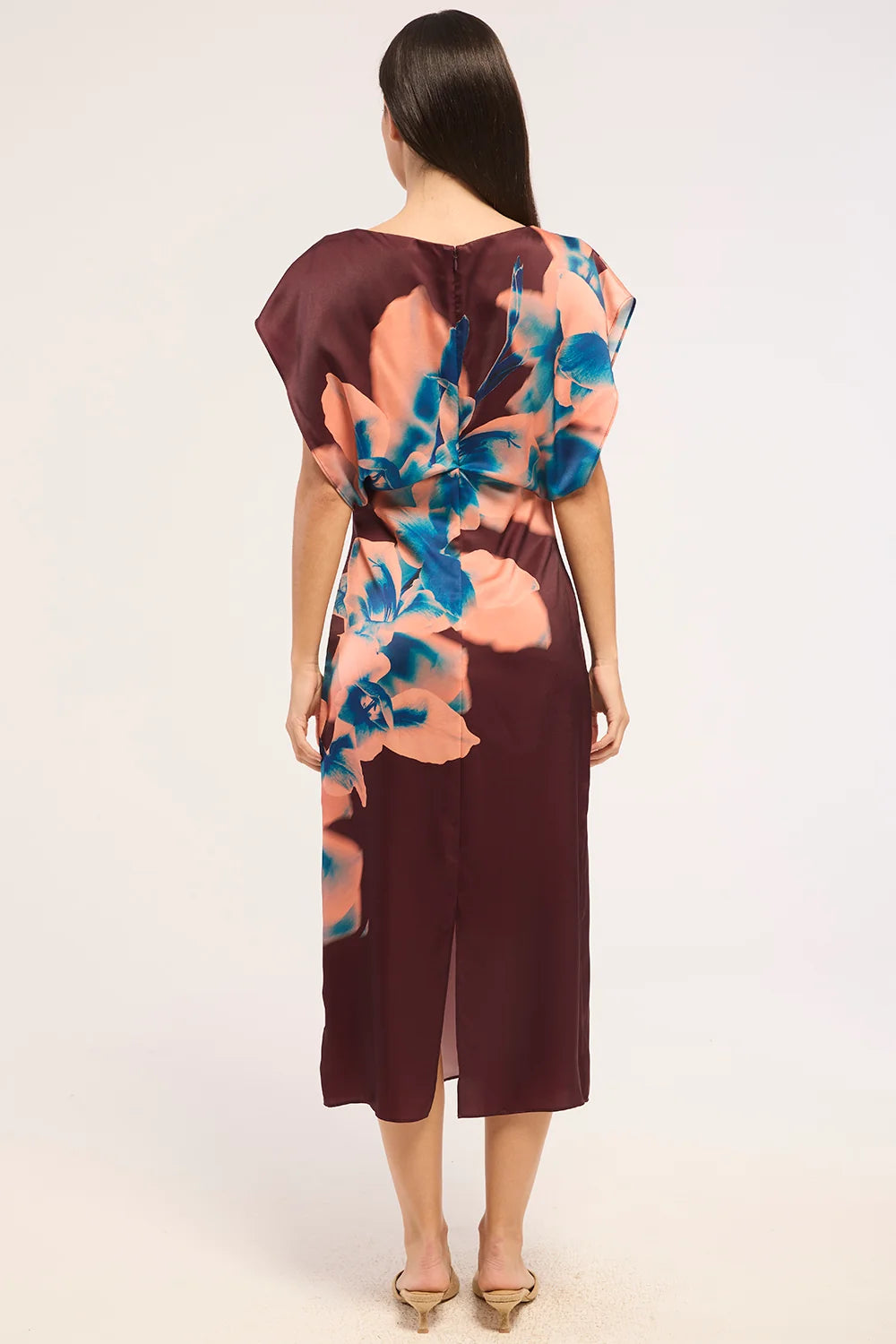 Robe midi drapée à imprimé d’orchidées Lenny