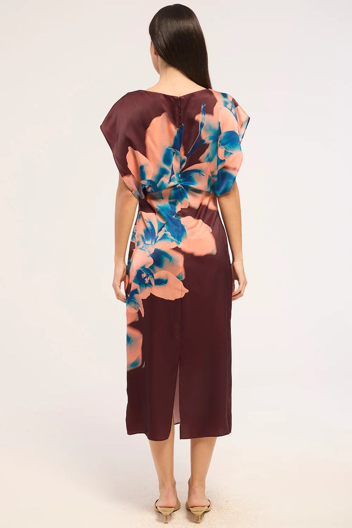 Robe midi drapée à imprimé d’orchidées Lenny