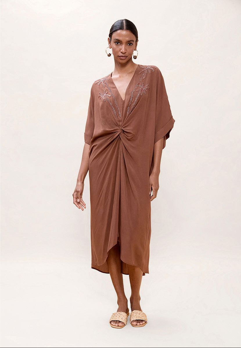 Robe midi nouée à décolleté V et détails palmiers