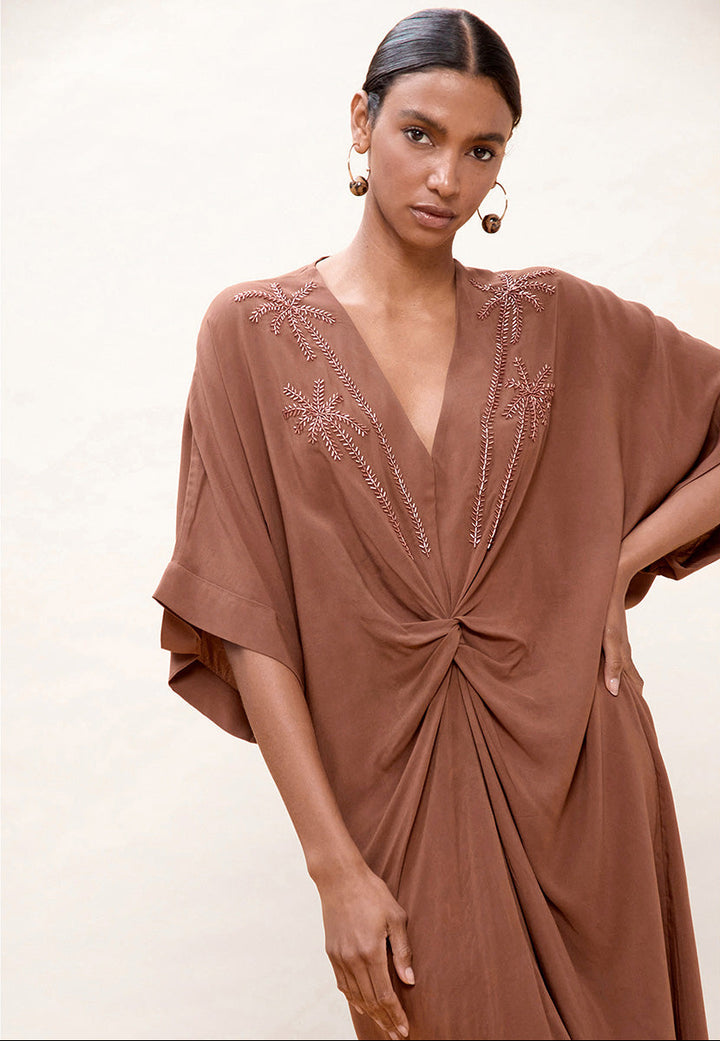 Robe midi nouée à décolleté V et détails palmiers