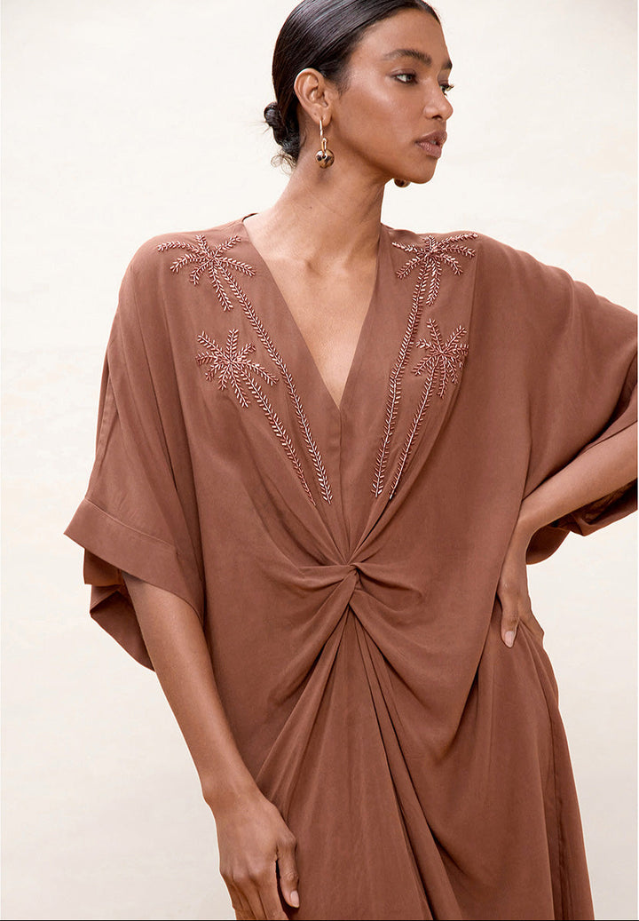 Robe midi nouée à décolleté V et détails palmiers