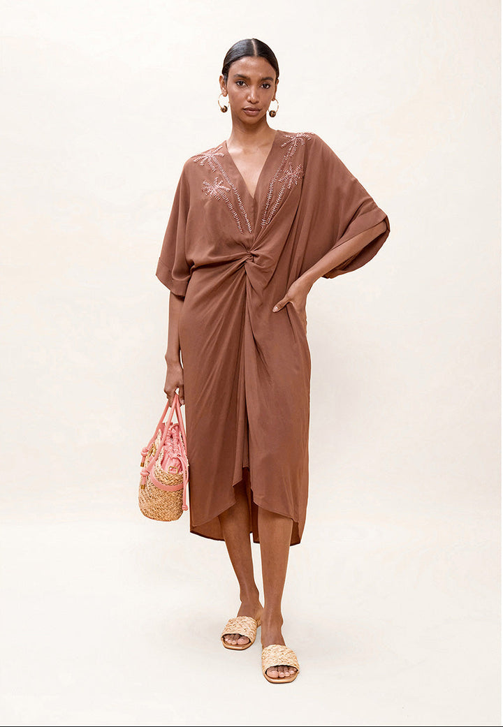 Robe midi nouée à décolleté V et détails palmiers