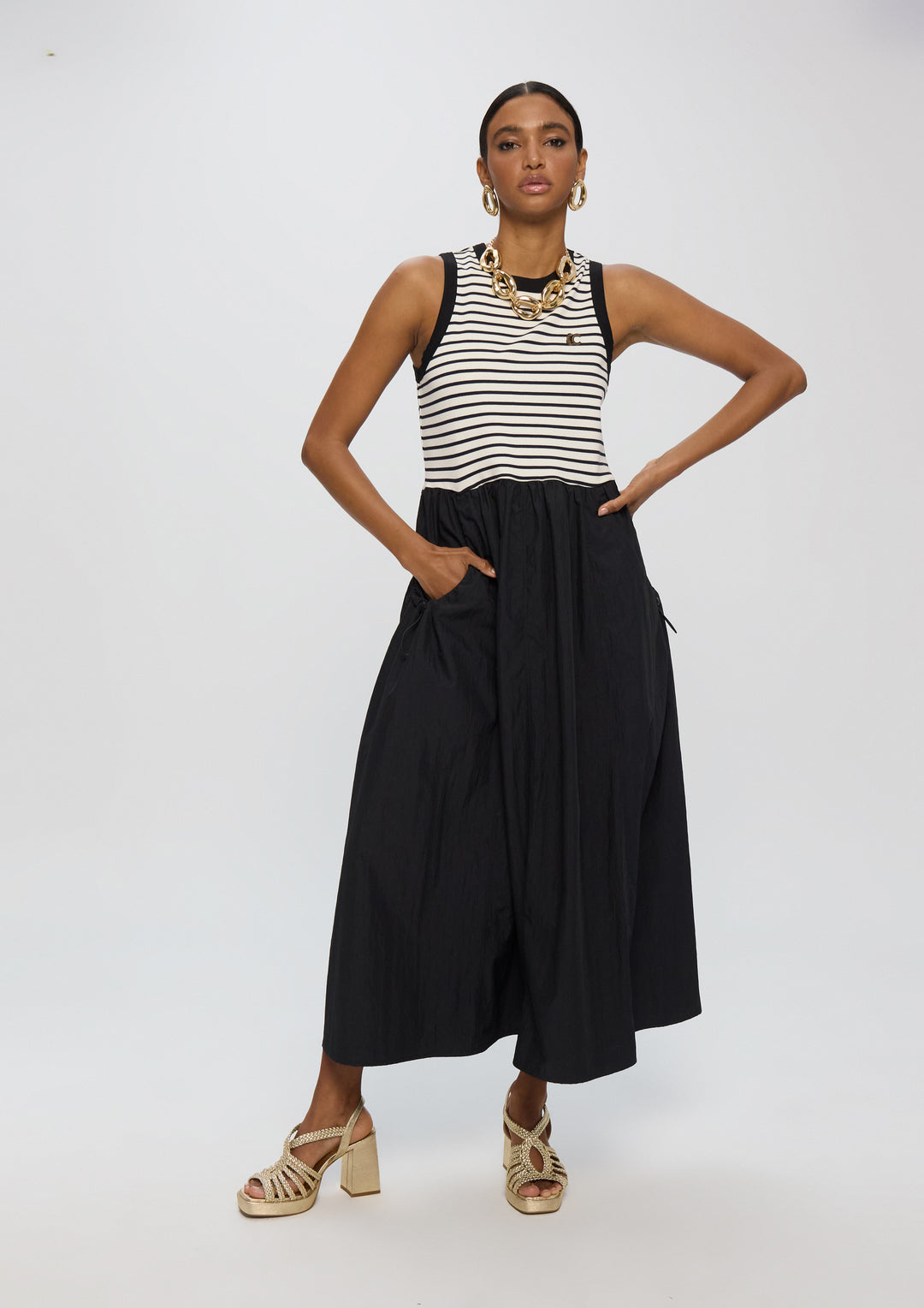 Robe midi bimatière à rayures