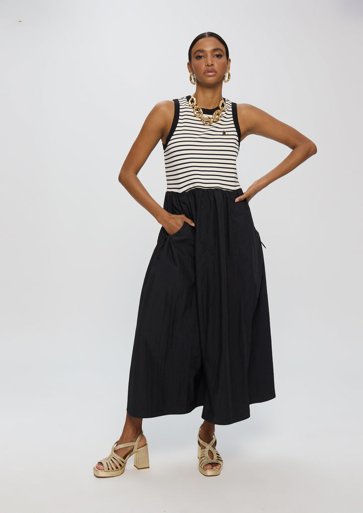 Robe midi bimatière à rayures