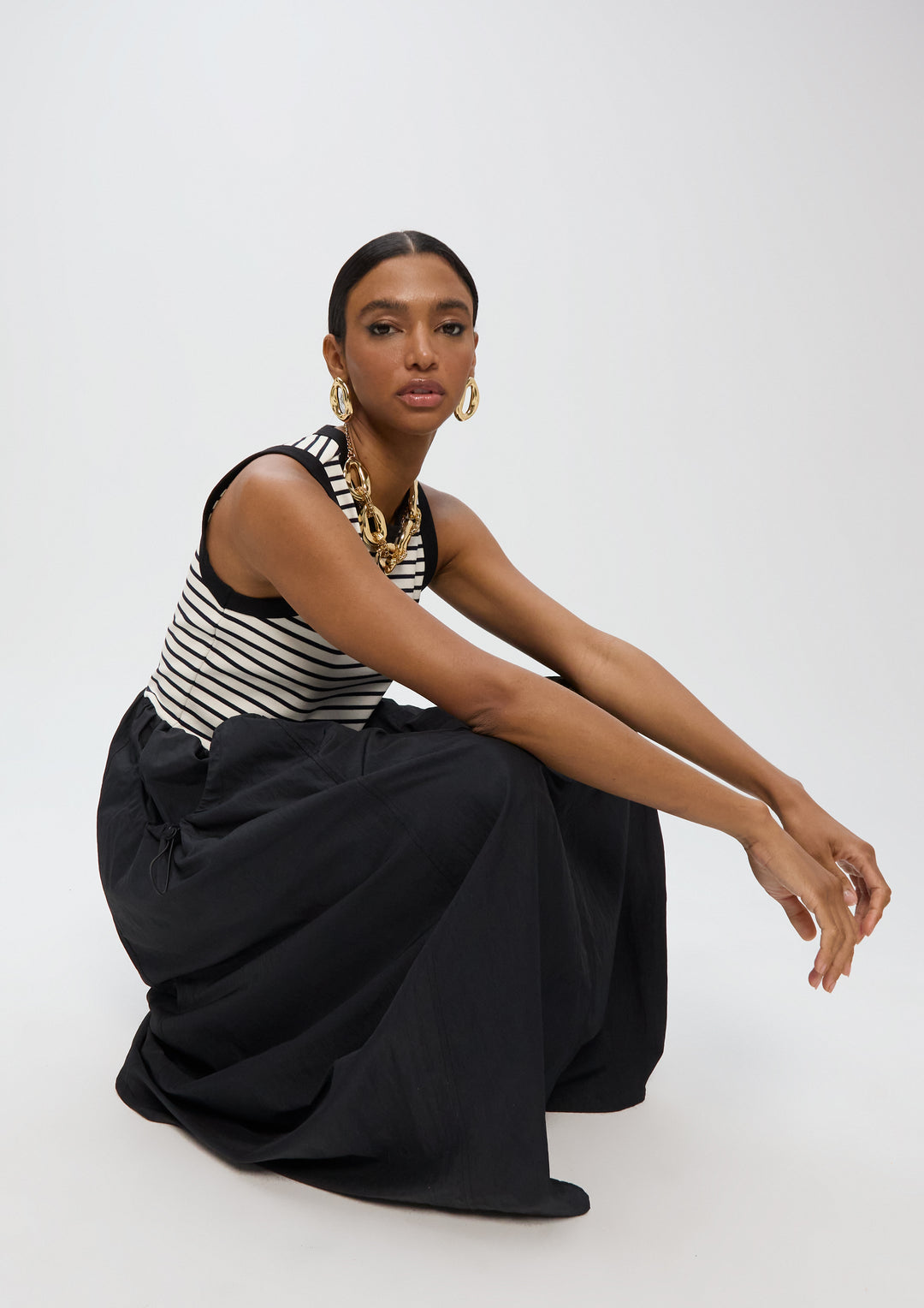 Robe midi bimatière à rayures