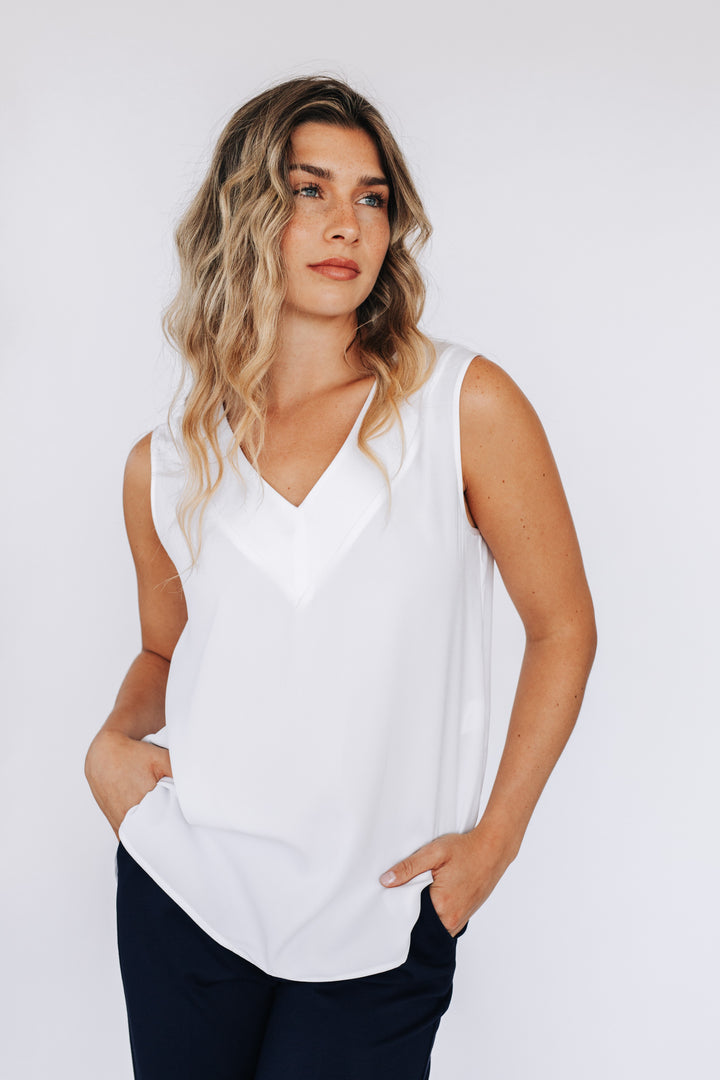 Blouse sans manches réversible avec bande satin  - Blanc