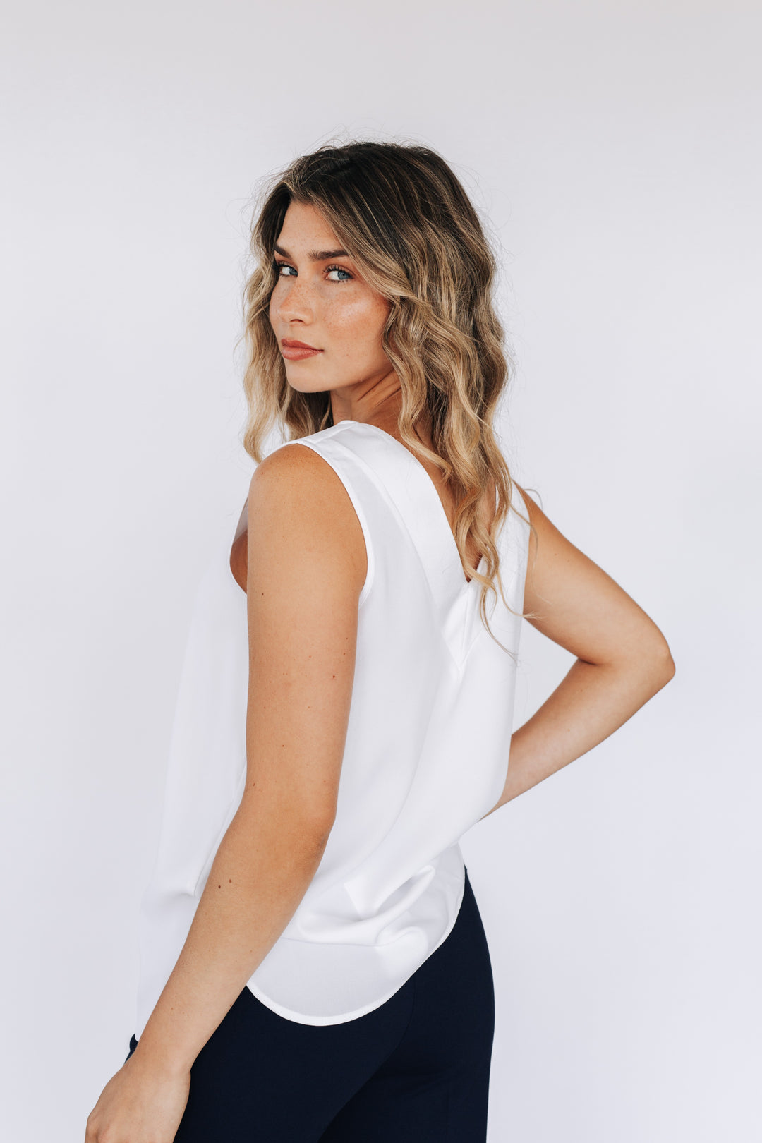 Blouse sans manches réversible avec bande satin  - Blanc