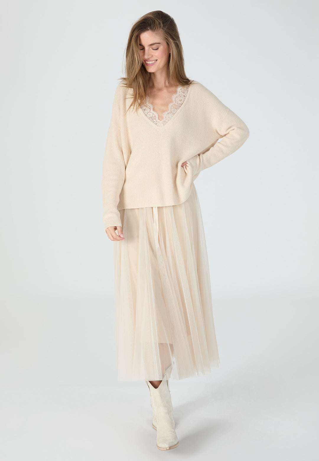 Pull en coton et cachemire avec col en dentelle