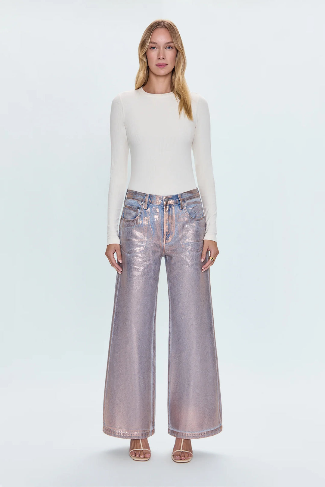 Jeans palazzo à taille basse métallique Jadyn