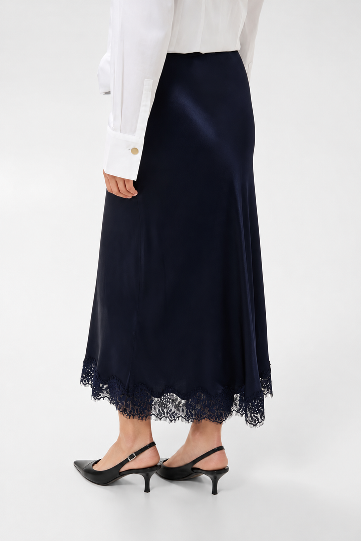 Jupe midi satinée bordure dentelle Denija
