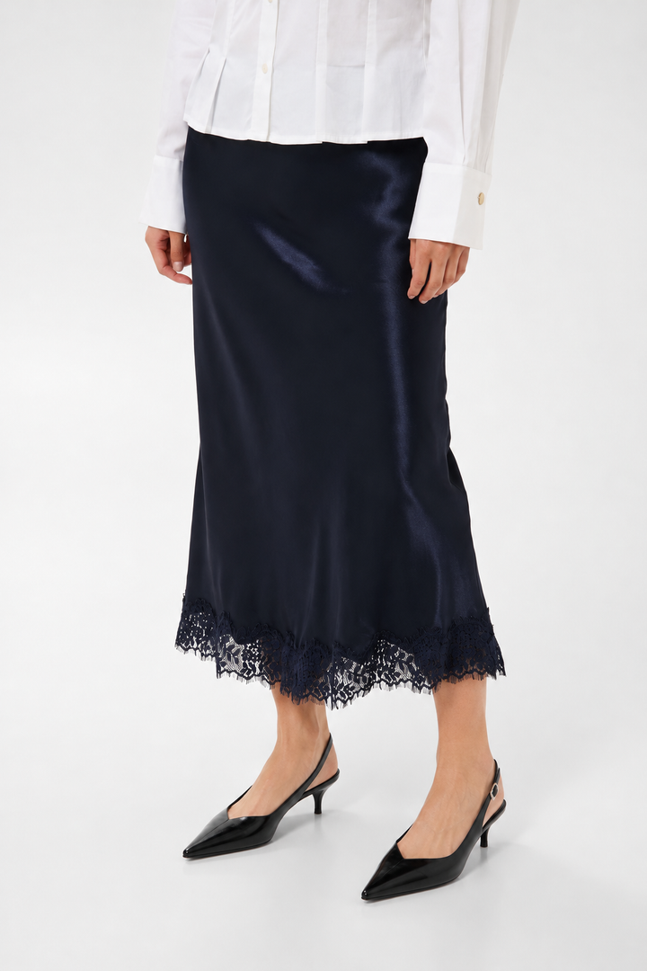 Jupe midi satinée bordure dentelle Denija