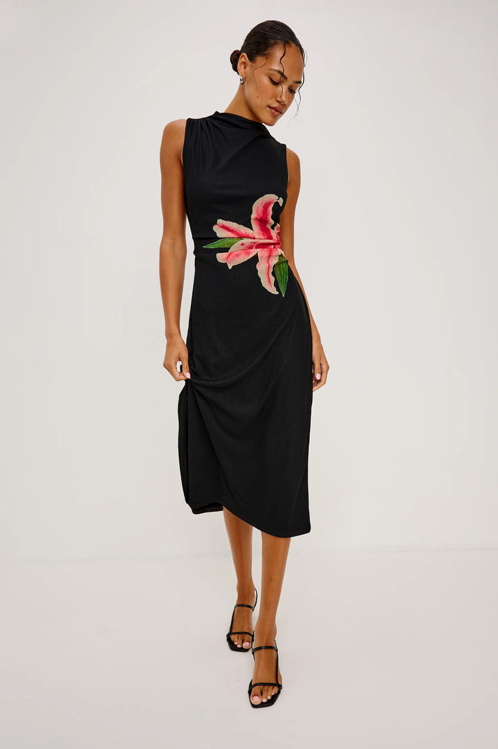 Robe midi drapée à imprimé floral Rebecca