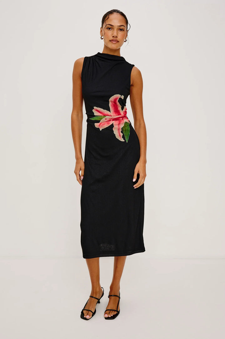 Robe midi drapée à imprimé floral Rebecca