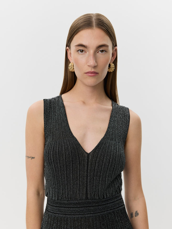 Robe midi scintillante en tricot à col V