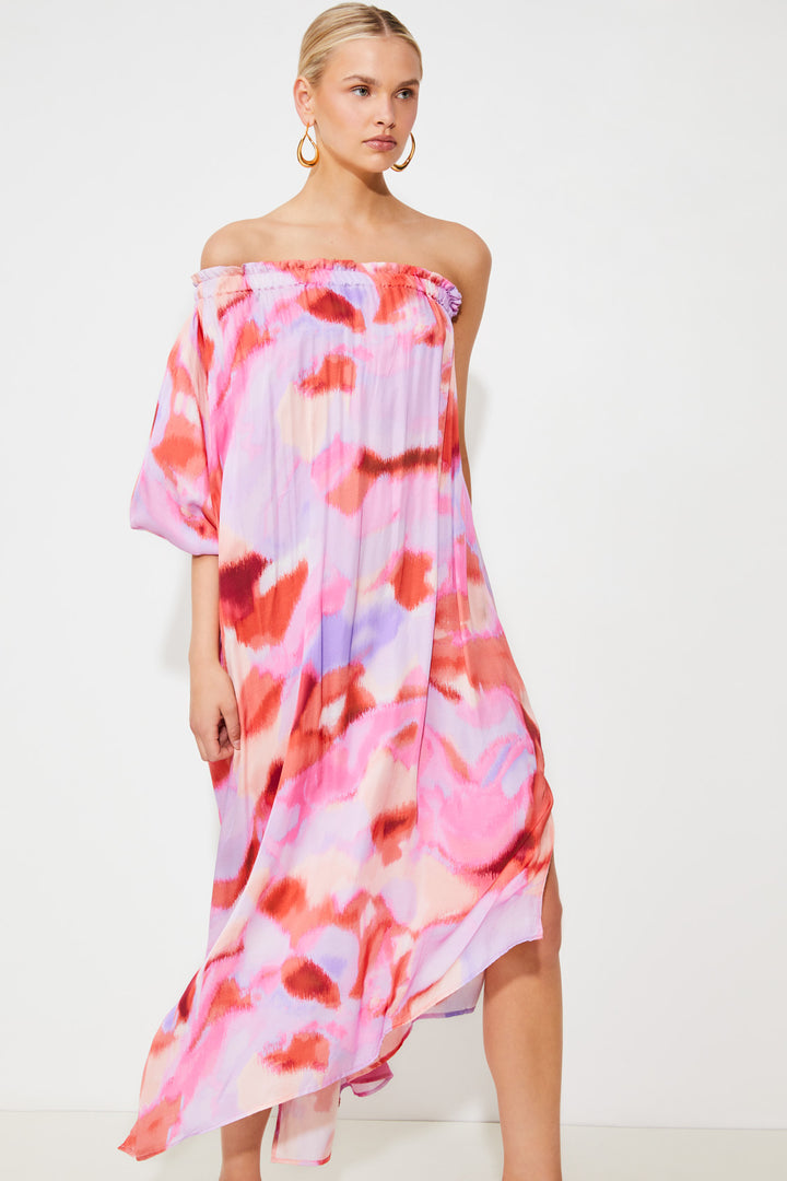 Robe midi avec imprimé abstrait et épaules dénudées Crina