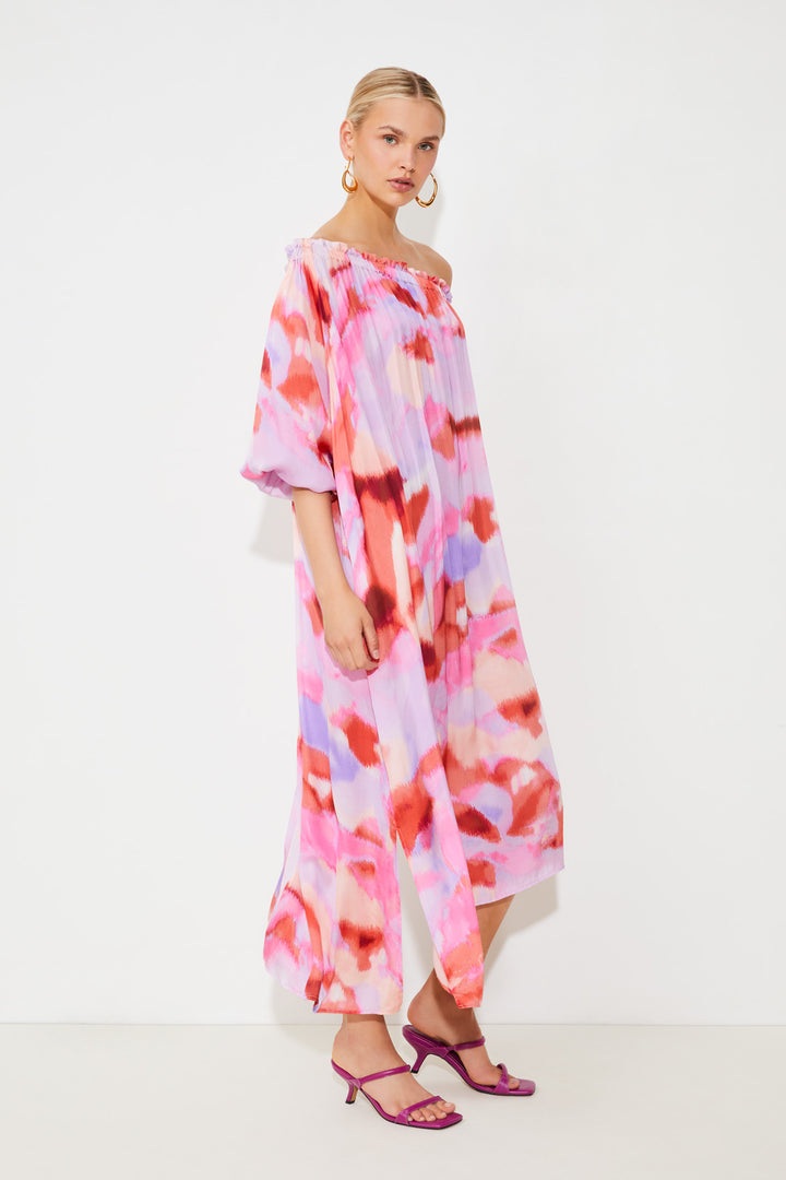 Robe midi avec imprimé abstrait et épaules dénudées Crina