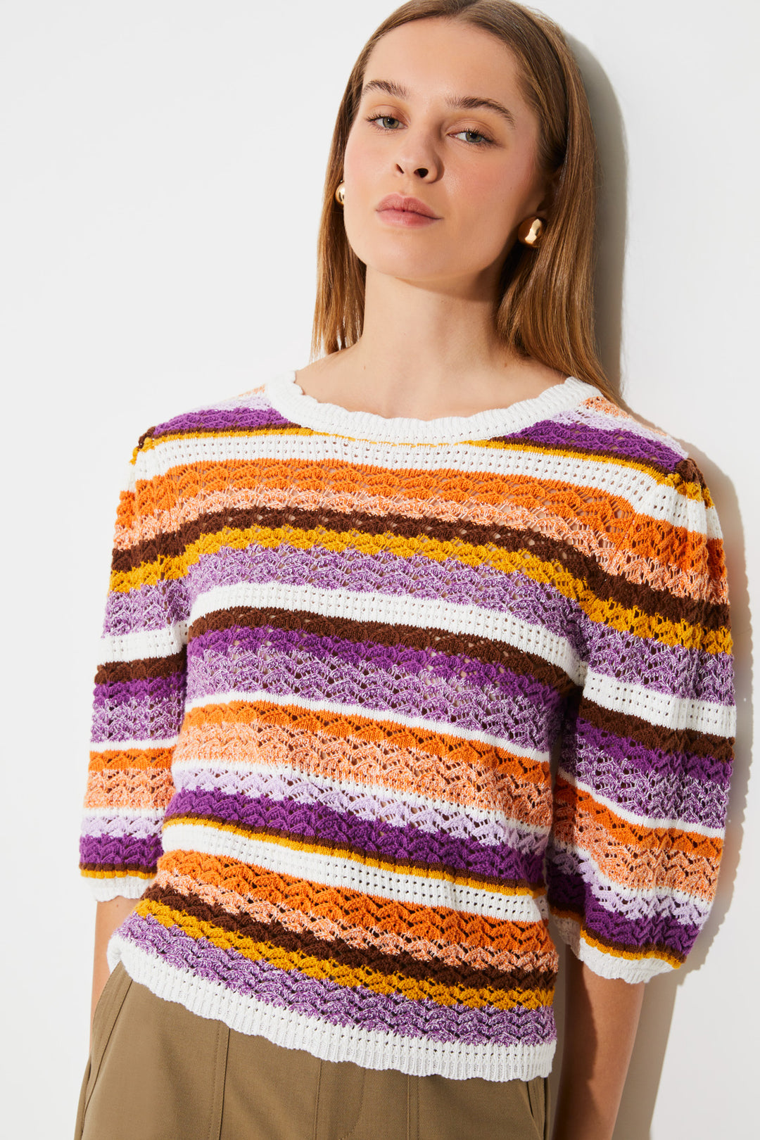 Pull ajouré en coton avec lignes colorées Panaca