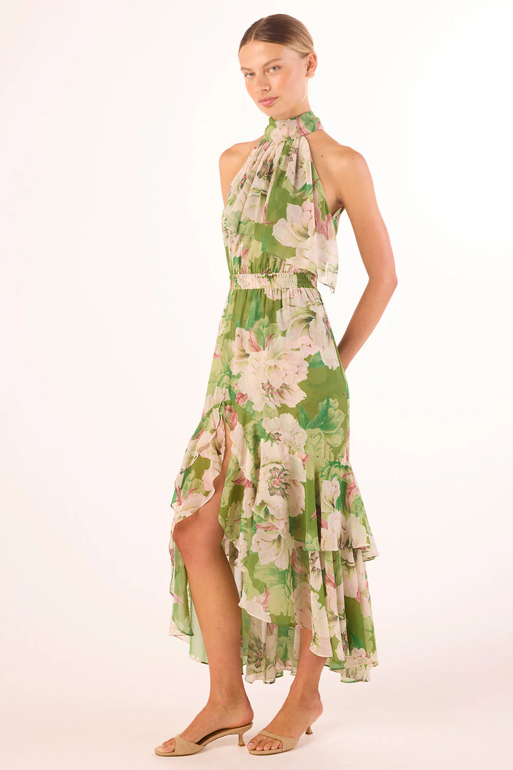 Robe midi Aneva à col licou et volants asymétriques