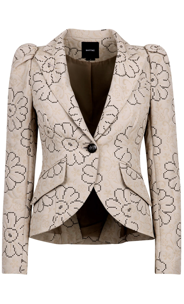 Veston ajusté avec motif floral et épaules bouffantes