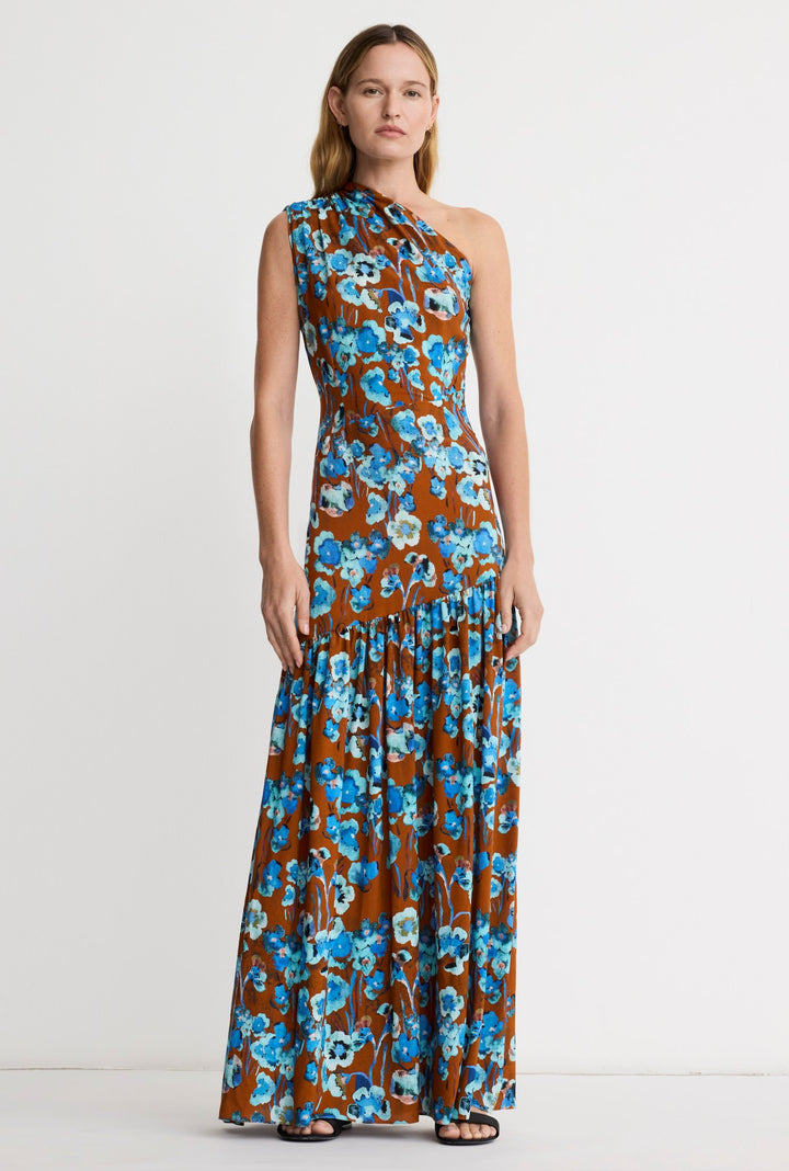 Robe maxi asymétrique à imprimé floral