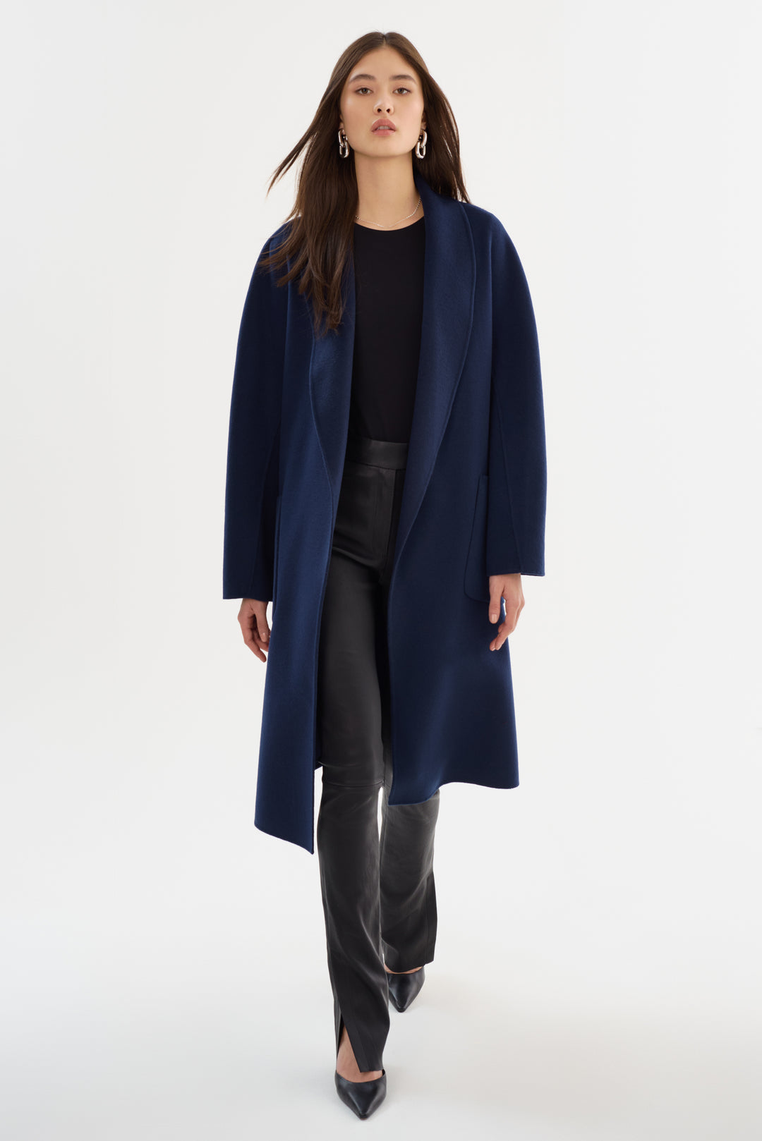 Manteau long en laine double face à col châle Thara