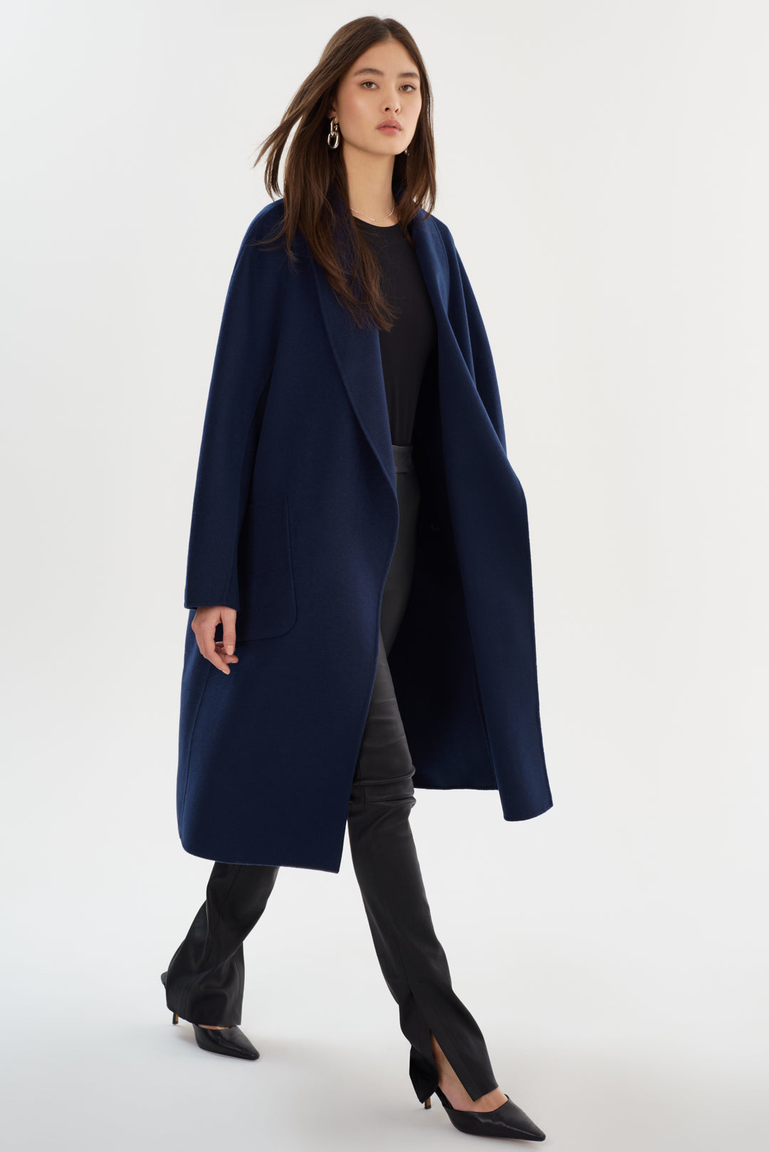 Manteau long en laine double face à col châle Thara