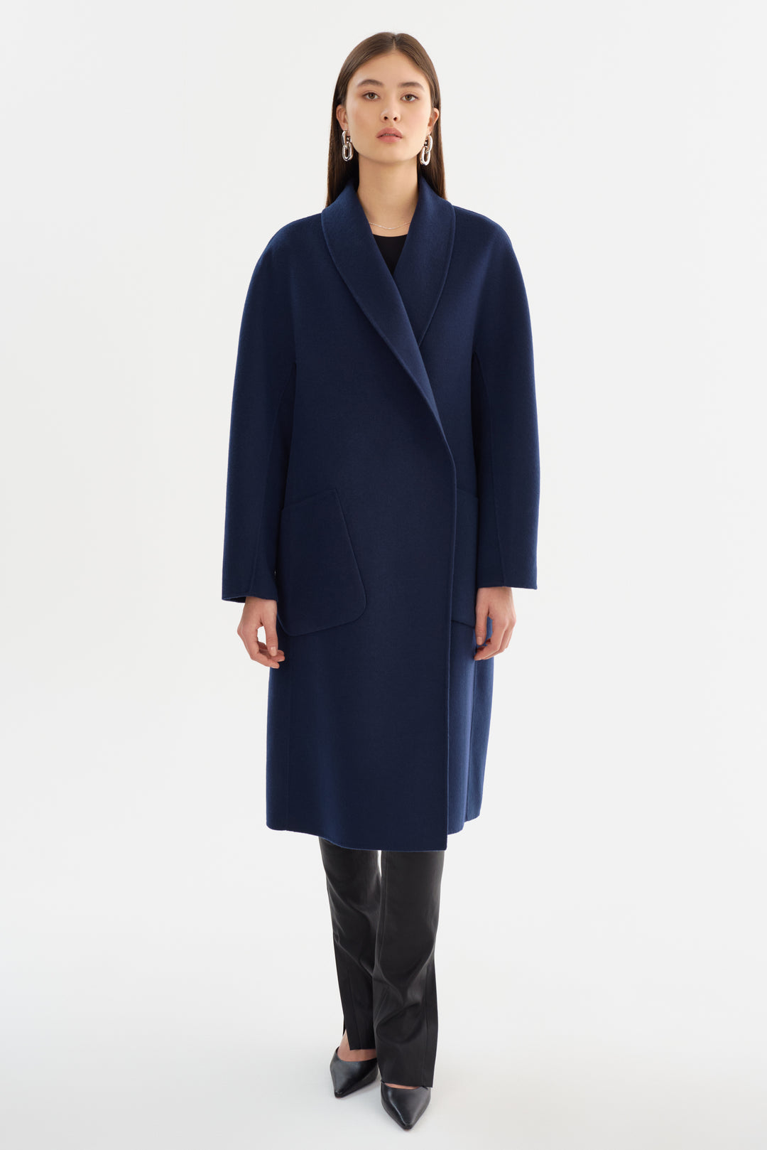 Manteau long en laine double face à col châle Thara