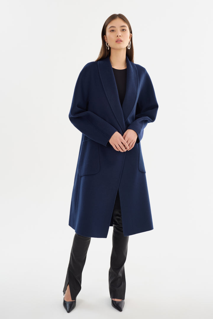 Manteau long en laine double face à col châle Thara