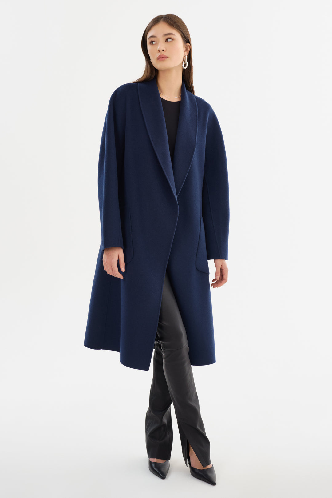 Manteau long en laine double face à col châle Thara