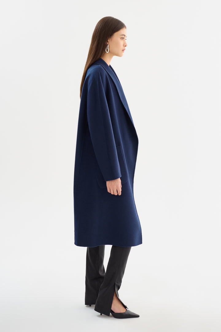Manteau long en laine double face à col châle Thara