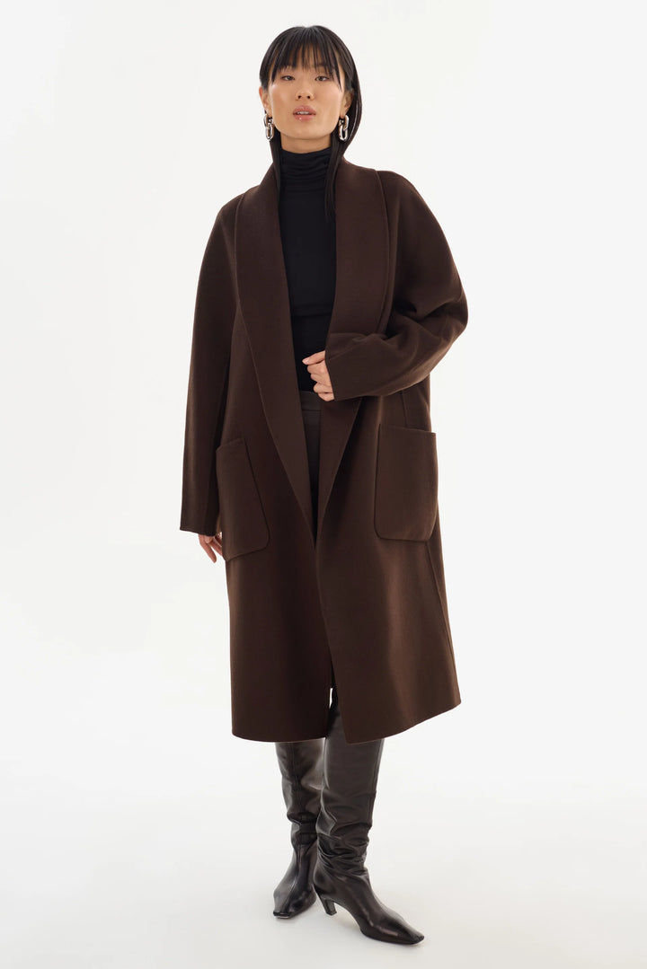 Manteau long en laine double face à col châle Thara
