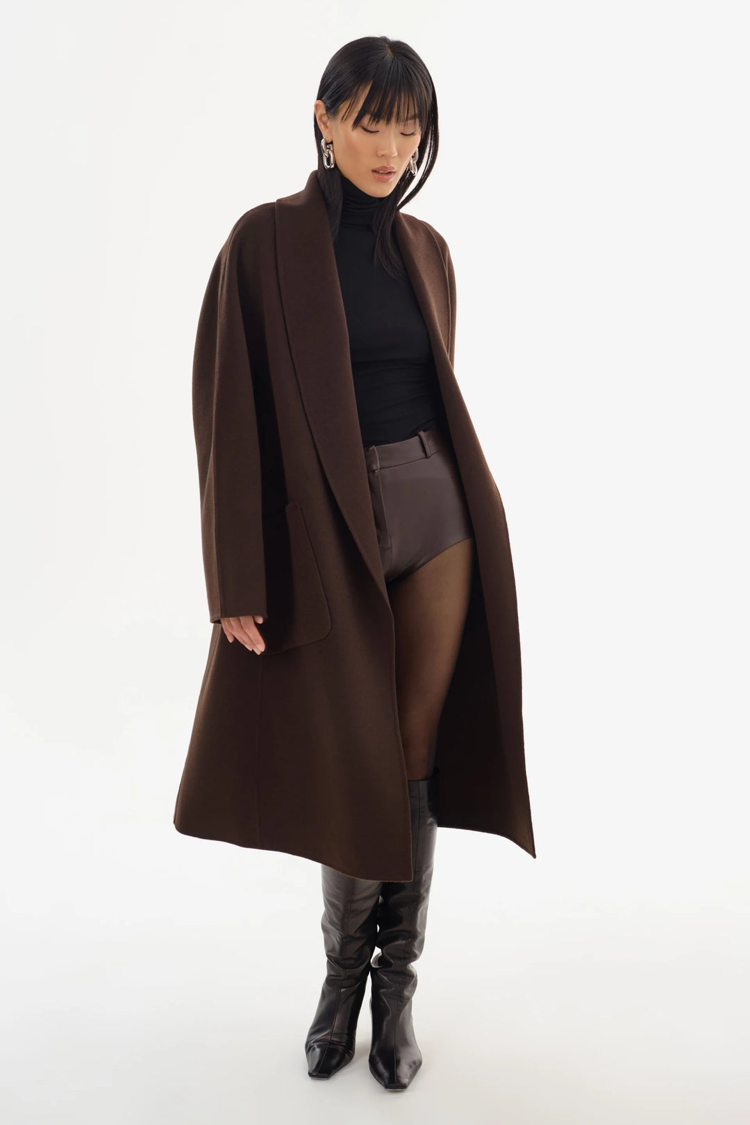 Manteau long en laine double face à col châle Thara