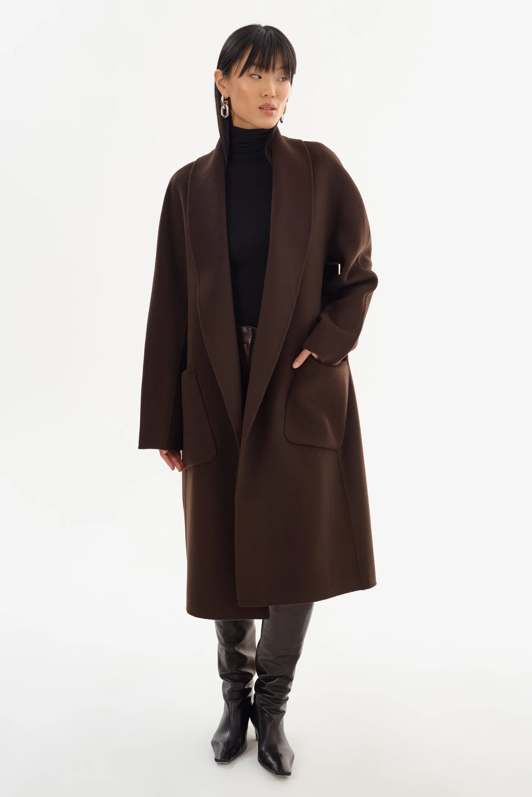 Manteau long en laine double face à col châle Thara