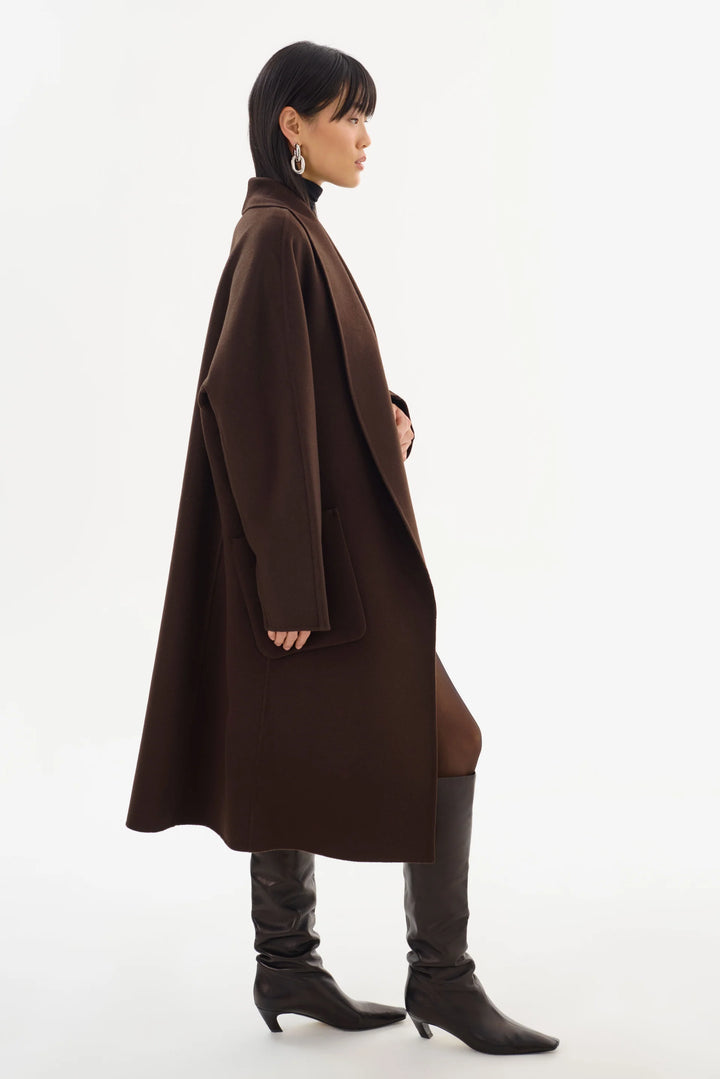 Manteau long en laine double face à col châle Thara