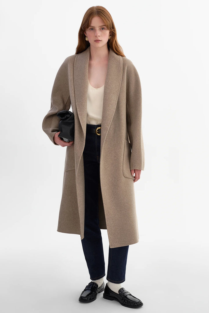 Manteau long en laine double face à col châle Thara