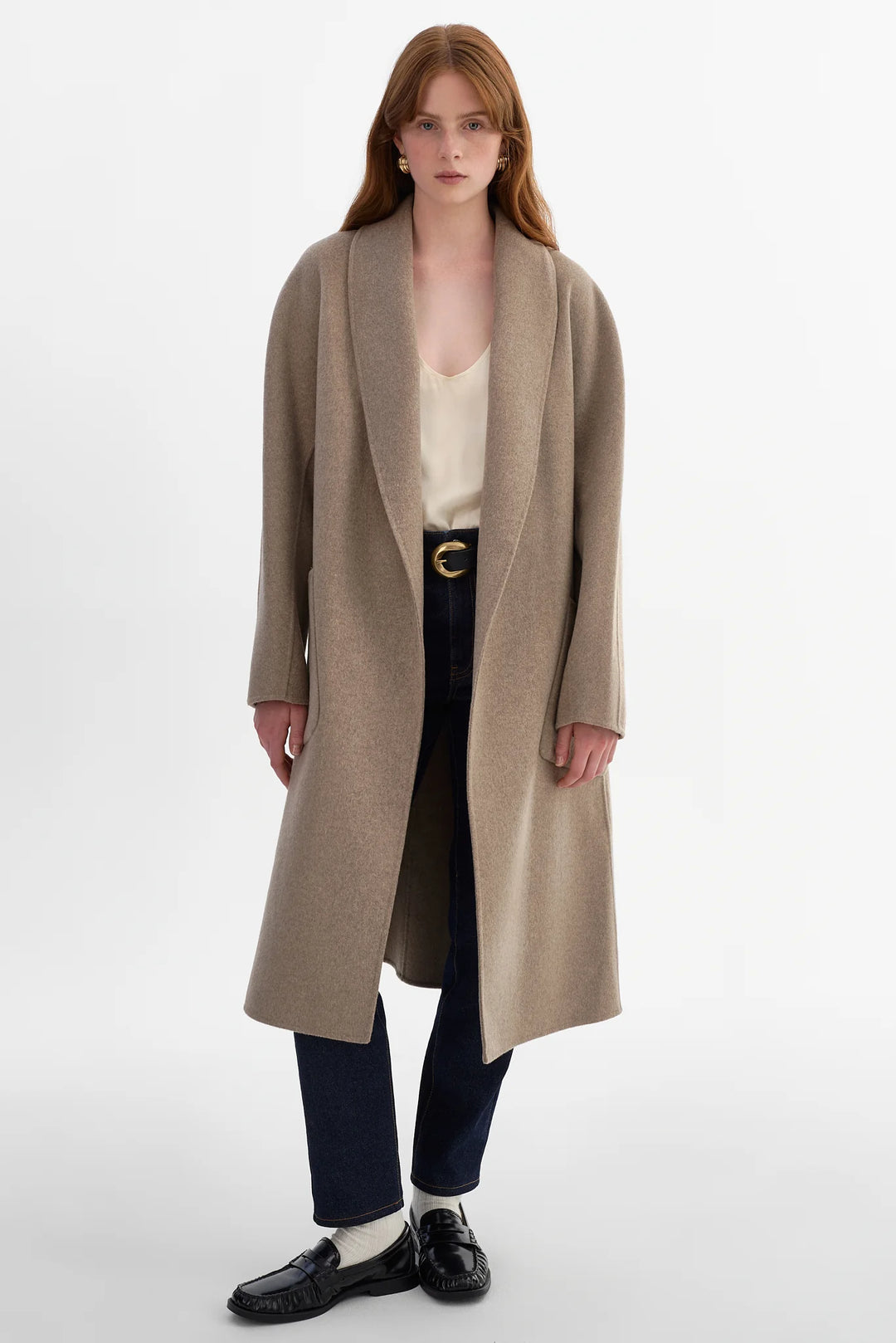 Manteau long en laine double face à col châle Thara
