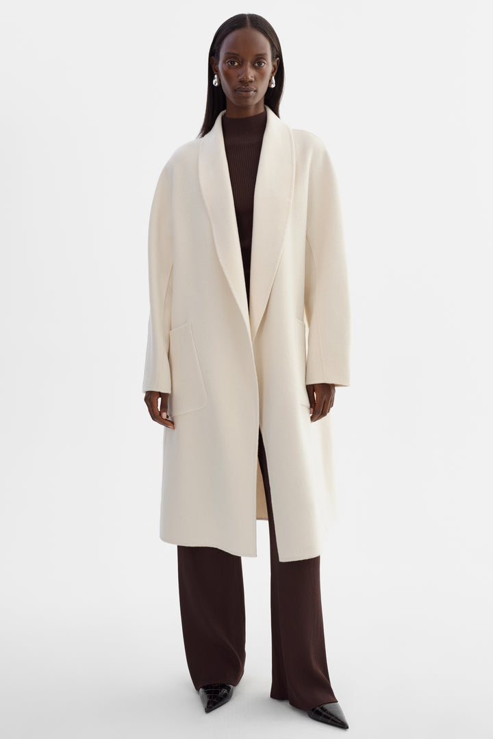 Manteau long en laine double face à col châle Thara
