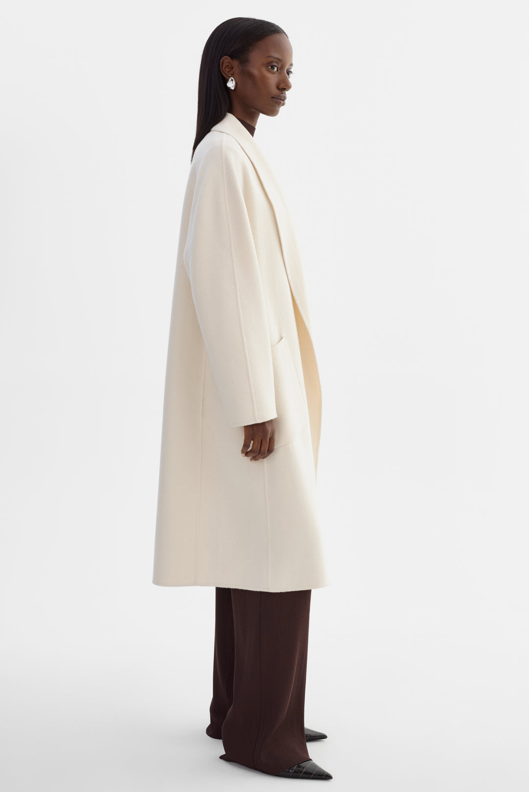 Manteau long en laine double face à col châle Thara