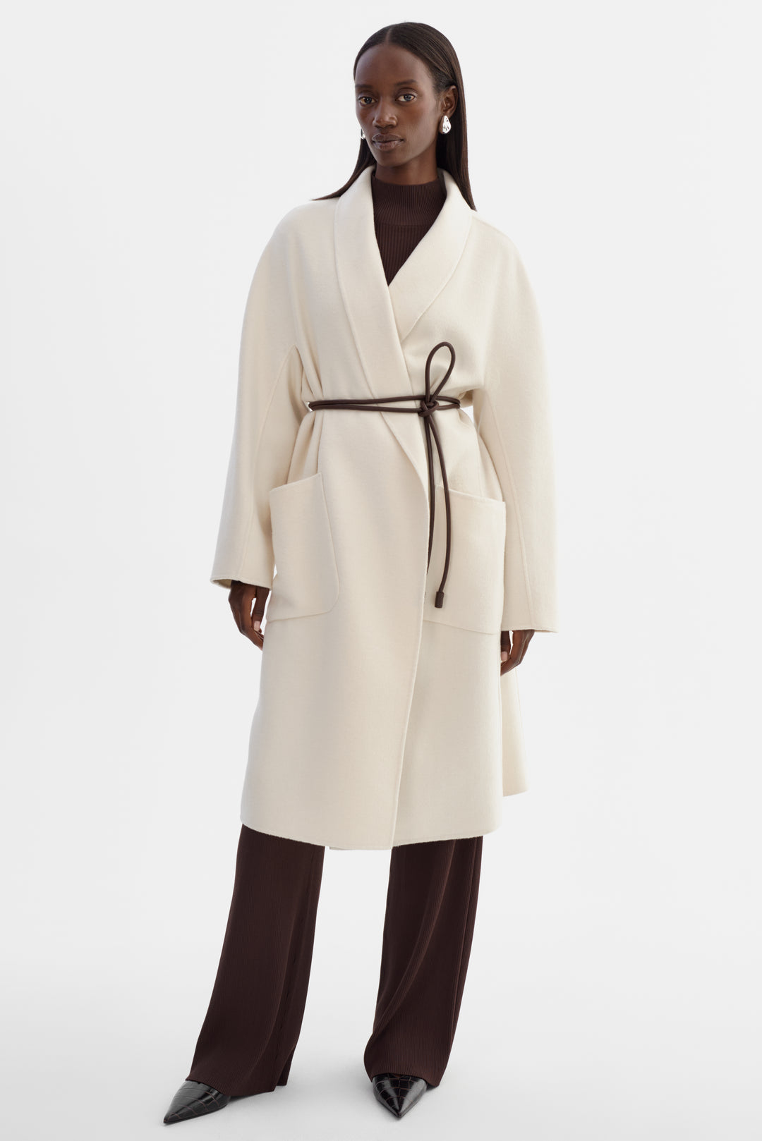 Manteau long en laine double face à col châle Thara
