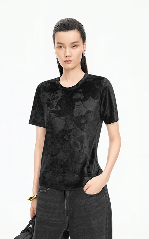 T-shirt à motif floral texturé en velour